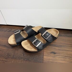 Quince Nappa Leather Double Buckle Slide Sandals Black Size 7